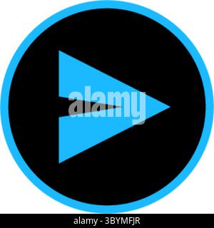A simple, modern icon featuring a bright blue play symbol centered within a black circle, accented by a thin blue outer ring. Stock Vector