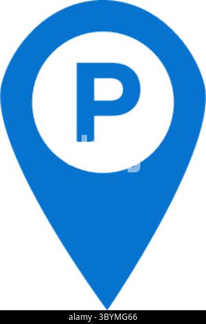 A blue map marker with a white circle containing a blue letter P, indicating a parking spot. Stock Vector