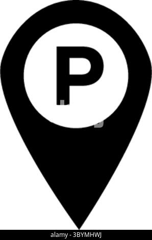 A simple black icon representing a parking location marker. It features a pin shape with a circle containing the letter P. Stock Vector