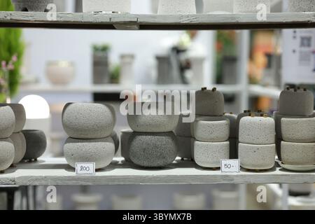 Potted plants are arranged on shelves. Lightweight gray plant pots are arranged on a shelf. Stock Photo