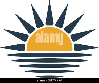 A logo design featuring a stylized sun rising silhouette vector art illustration with white background Stock Vector