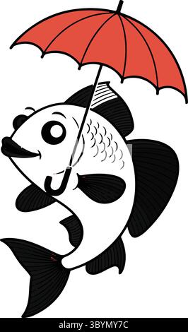 Black drawing of a fish with an umbrella Stock Vector