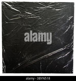 Black Square Record Cover with Wrinkled Cling Film Texture Mockup isolated on white background with clipping path Stock Photo