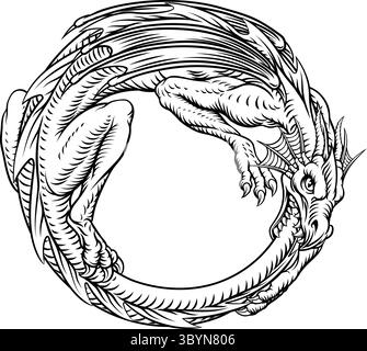 Dragon Ouroboros Vintage Style Woodcut Line Art Stock Vector