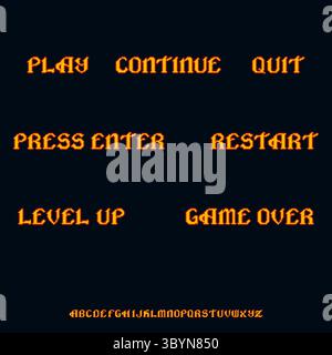 Gothic pixel font with classic game UI phrases like Play, Game Over, and Restart. Stylized retro typeface for interface and design. Pixel art vector. Stock Vector