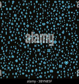 Abstract pattern of random pixel letters in cyan on black background. Chaotic pixel art texture with alphabetic characters. Vector illustration Stock Vector