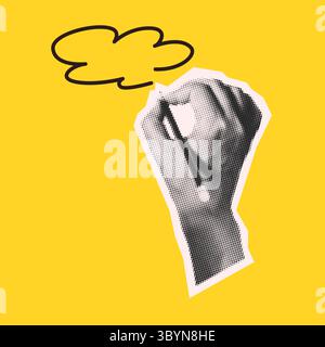 Halftone style illustration of a hand holding a pencil. This monochrome hand appears on a bright yellow background. A simple black cloud hovers above, Stock Vector
