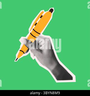 Pop art style illustration of a hand holding a yellow pen. Retro halftone effect with bold colors. Perfect for creative design or communication themes Stock Vector