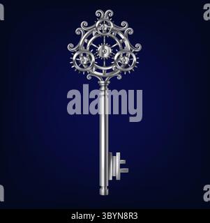 Illustration of an intricate silver key in steampunk style. Featuring detailed cogwheels and classic design elements. Set against a dark blue backgrou Stock Vector