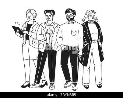 Black and white doodle illustration showing four stylish young adults in professional attire. Each person displays unique style and is engaged in conv Stock Vector