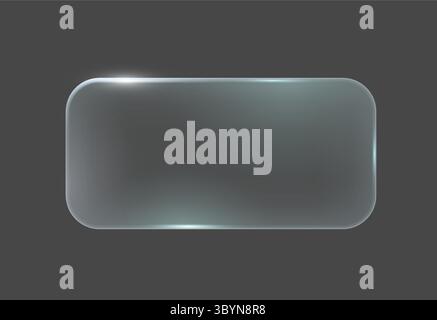 Glossy rectangular glass button with rounded corners on dark background. Sleek, minimalist design with subtle reflections, suitable for modern interfa Stock Vector