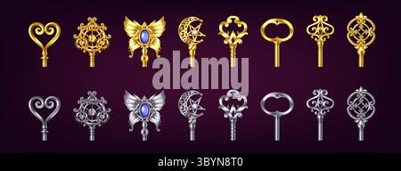 Illustration of ornate gold and silver fantasy keys on a deep purple background. Features intricate designs with gems and mystical shapes, perfect for Stock Vector