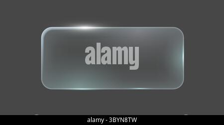 Sleek glass button icon with rounded corners. Transparent and reflective. Set against a dark background. Ideal for modern user interfaces and digital Stock Vector