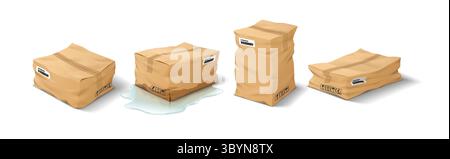 Illustration of crushed cardboard boxes on white background. Damaged packaging with visible creases and labels. Represents delivery issues or mishandl Stock Vector