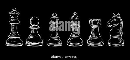 White chalk style lineup of chess figures on dark background. Hand-drawn vintage look, ideal for games, prints, or education. Stock Vector