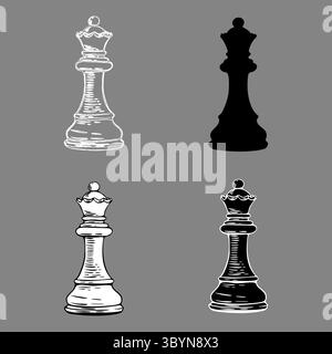 Four chess queen designs in sketch, silhouette and outline styles. Great for print, education, or digital assets. Stock Vector