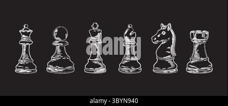 White chalk style drawing of chess pieces on black background. Mimics hand-drawn board illustration for educational or creative use. Stock Vector