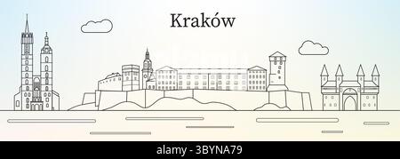 Krakow city skyline with main landmarks - line art vector illustration Stock Vector