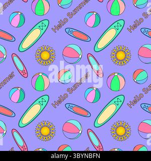 Summer seamless pattern of beach balls, surfboard, sun, and - Hello Summer - text on purple background. For summertime or vacation theme, clothing des Stock Vector
