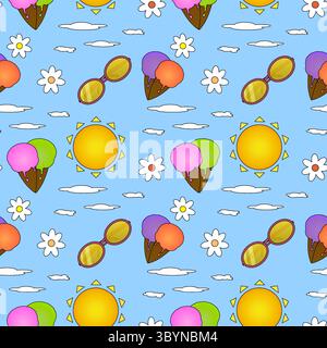 Summer seamless pattern of ice cream cones, sun, sunglasses, clouds, and white flowers on blue sky background. For summertime theme, clothing design, Stock Vector