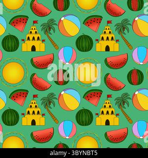 Summer seamless pattern of watermelon, beach ball, sand castle, sun, and palm trees on green background. For summertime or vacation theme, clothing de Stock Vector