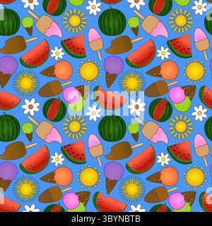 Summer seamless pattern of ice cream, watermelon slices, whole melons, sun, and white flowers on blue background. For summertime theme, clothing desig Stock Vector