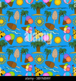 Summer seamless pattern of ice cream cones, popsicle, beach balls, sand castle, palm trees, ocean waves, and sun. For summertime theme, clothing desig Stock Vector