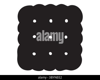 Black silhouette of square cracker or biscuit with dotted holes, isolated on white background, graphic illustration. Concept of snack, biscuit, baked Stock Vector