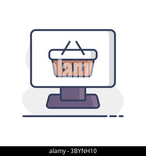 Computer display with shopping cart icon vector. Online shoping basket symbol, logo illustration. E-commerce sign Stock Vector