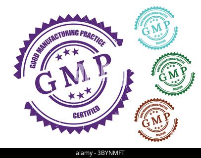A Good Manufacturing Practice (GMP) Stamp Collection, Certified Production Label Vectors Stock Vector