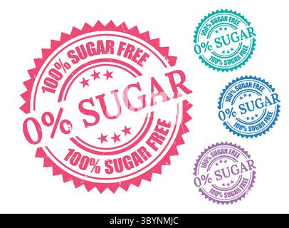 A Sugar Free Product Stamp Collection, Grunge Style Labels with 0% Sugar Message Stock Vector