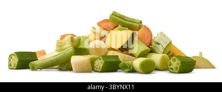 pile of various chopped vegetables isolated white background, okra slices, carrot, leeks or green onions, pumpkin chunks, ingredients used in home Stock Photo