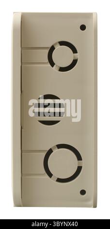 beige plastic surface with cut out for cable entry and organization isolated white background, slotted openings and partial circles cut outs Stock Photo