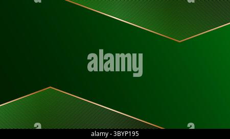 Emerald green gradient abstract background with gold lines, 3d geometric pattern and shadows. Futuristic design Stock Vector