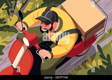 Happy food delivery man riding a red scooter through leafy streets with a package. Modern vector illustration. Stock Vector