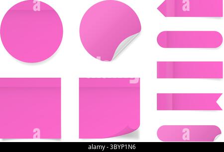 Set of square and round paper stickers. Pink stick in notes. Sheets of paper. Tag, sticky note. Pointed bookmarks Stock Vector