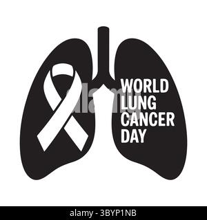Black lungs with white ribbon and heartbeat line, World Ling Cancer Day Stock Vector