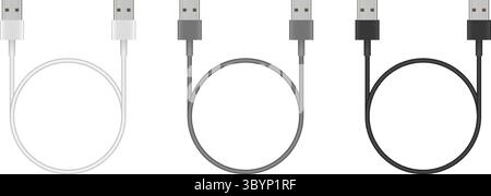 White, gray and black USB cables. USB plugs with wire loops Stock Vector