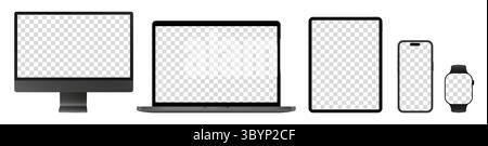 Mockup of black computer monitor, laptop, tablet screen, mobile phone and watch. Device front view Stock Vector