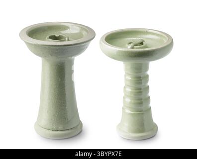 Close up of two beautiful handmade ceramic hookah head or bowl for tobacco isolated on white background Stock Photo