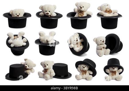 Isolated teddy bear with black hat on perfectly white background Stock Photo
