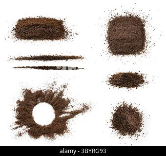 Diferent forms of minced coffee or particles of coffee beans isolated on perfectly white background Stock Photo
