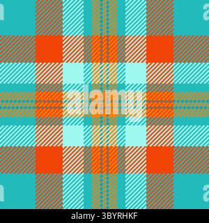 Vibrant teal, orange, and beige plaid pattern.  Perfect for textile design, fashion, website backgrounds, or crafting projects.  This cheerful, geomet Stock Vector