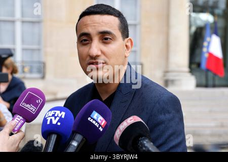 Mayor of Trappes Ali Rabeh speaks to journalists during a protest on ...