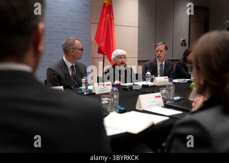 July 7, 2023, BEIJING, 3338, China: Beijing (China), 07/07/2023.- Treasury Secretary Janet Yellen (C), speaks during a roundtable meeting with members of the American business community in Beijing, China, 07 July 2023. Secretary of the Treasury Janet L. Yellen travels to Beijing from 06 to 09 July for meetings with senior Chinese officials, the US Treasury announced. (Estados Unidos) (Credit Image: © Mark Schiefelbein/POOL via ZUMA Press Wire) Stock Photo