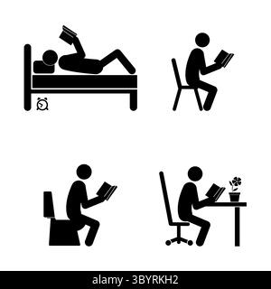 Set of stick figures, reading a book in different places on a white background, flat vector illustration. Stock Vector