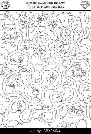 Black and white fairytale maze for kids with fantasy characters. Magic ...