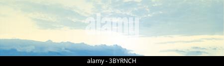 Blue clouds in morning sunny gradient sky with halftone effect Polka dot texture bg. Dramatic smoke or fog in pop art comics style. Retro Fluffy Stock Vector
