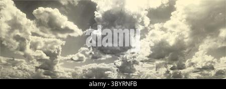 Black clouds in morning sunny gradient sky with halftone effect Polka dot texture bg. Dramatic thunderclouds in pop art comics style. Retro Fluffy Stock Vector