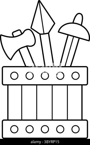 Vector black and white wooden box with sward, hammer, spear. Blacksmith or forger line illustration. Knight armor, dwarf smith products in wood crate. Stock Vector